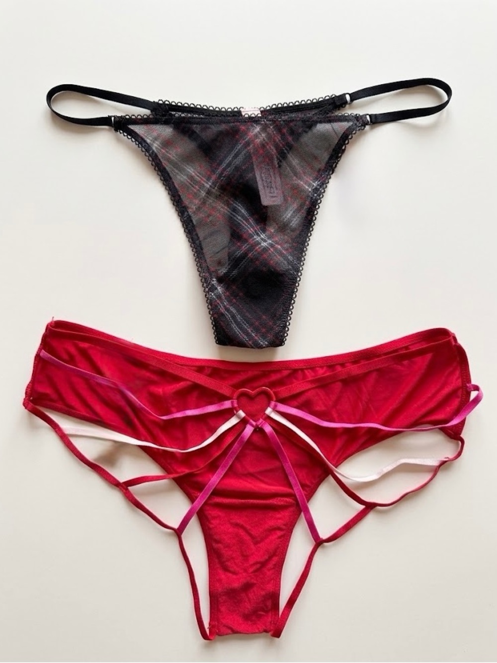 NWT Victoria's Secret Panty Lot Set 2 Red Strappy Heart Black Plaid M Bundle